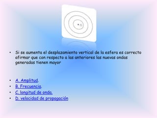 •

Si se aumenta el desplazamiento vertical de la esfera es correcto
afirmar que con respecto a las anteriores las nuevas ondas
generadas tienen mayor

•
•
•
•

A. Amplitud.
B. Frecuencia.
C. longitud de onda.
D. velocidad de propagación

 
