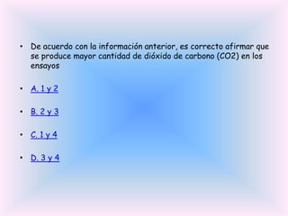 • De acuerdo con la información anterior, es correcto afirmar que
se produce mayor cantidad de dióxido de carbono (CO2) en los
ensayos
• A. 1 y 2
• B. 2 y 3
• C. 1 y 4
• D. 3 y 4

 