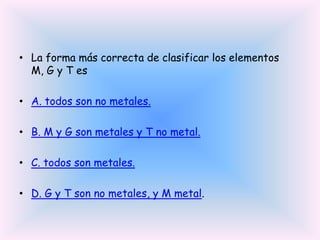 • La forma más correcta de clasificar los elementos
M, G y T es
• A. todos son no metales.

• B. M y G son metales y T no metal.
• C. todos son metales.
• D. G y T son no metales, y M metal.

 