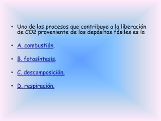 • Uno de los procesos que contribuye a la liberación
de CO2 proveniente de los depósitos fósiles es la

• A. combustión.
• B. fotosíntesis.

• C. descomposición.
• D. respiración.

 