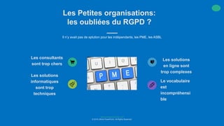 www.companyname.com
© 2016 Ultime PowerPoint. All Rights Reserved.
Il n’y avait pas de splution pour les indépendants, les PME, les ASBL
Les Petites organisations:
les oubliées du RGPD ?
Les consultants
sont trop chers
Les solutions
en ligne sont
trop complexes
Les solutions
informatiques
sont trop
techniques
Le vocabulaire
est
incompréhensi
ble
 