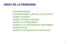 DROIT DE LA PERSONNE
56
TRANSPARENCE
INFORMATIONS LORS DE LA COLLECTE
DROIT D'ACCES
DROIT DE RECTIFICATION
DROIT A L'EFFACEMENT
DROIT A LA LIMITATION DU TRAITEMENT
PORTABILITE
DROIT D'OPPOSITION AU PROFILAGE
 