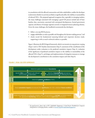 8 | Good Practice Handbook: Cumulative Impact Assessment and Management
in consultation with the affected communities and other stakeholders, enables the developer
todeterminewhetheritsactivitiesarelikelytosignificantlyaffecttheviabilityorsustainability
of selected VECs. The proposed approach recognizes that, especially in emerging markets,
the many challenges associated with managing a good CIA process include lack of basic
baseline data, uncertainty associated with anticipated developments, limited government
capacity, and absence of strategic regional, sectoral, or integrated resource planning schemes.
Given the many challenges, this handbook recommends that developers:
•	 follow a six-step RCIA process,
•	 engage stakeholders as early as possible and throughout the decision-making process,3
and
•	 clearly record the fundamental reasoning behind each important decision made,
supporting it with as much technical evidence as possible.
Figure 1 illustrates the RCIA logical framework, which is an iterative six-step process: scoping
(Steps 1 and 2), VEC baseline determination (Step 3), assessment of the contribution of the
development under evaluation to the predicted cumulative impacts (Step 4), evaluation
of the significance of predicted cumulative impacts to the viability or sustainability of the
affected VECs (Step 5), and design and implementation of mitigation measures to manage
the development’s contribution to the cumulative impacts and risks (Step 6).
3
	 For good practice, please refer to IFC’s Stakeholder Engagement: A Good Practice Handbook for Companies
Doing Business in Emerging Markets, available at www.ifc.org/HB-StakeholderEngagement
FIGURE 1. RCIA: SIX-STEP APPROACH
STEP1STEP2STEP3STEP4STEP5STEP6
Determine spatial and temporal boundaries
Identify VECs in consultation with affected
communities and stakeholders
Identify all developments and external
natural and social stressors affecting the VECs
Determine present conditions of VECs
Assess cumulative impacts and evaluate their significance over VECs’ predicted future conditions
Design and implement: (a) adequate strategies, plans, and procedures to manage cumulative impacts,
(b) appropriate monitoring indicators, and (c) effective supervision mechanisms
Analysisoftheexistinglegal,institutional,
andgovernanceframework
 