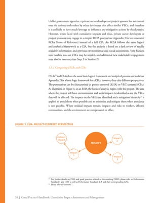 28 | Good Practice Handbook: Cumulative Impact Assessment and Management
Unlike government agencies, a private sector developer or project sponsor has no control
over the actions undertaken by other developers that affect similar VECs, and therefore
it is unlikely to have much leverage to influence any mitigation actions by third parties.
However, when faced with cumulative impacts and risks, private sector developers or
project sponsors may engage in a simpler RCIA process (see Appendix 3 for an annotated
RCIA Terms of Reference) instead of a full CIA. An RCIA follows the same logical
and analytical framework as a CIA, but the analysis is based on a desk review of readily
available information and previous environmental and social assessments. Very focused
new baseline data on VECs may be needed, and additional new stakeholder engagement
may also be necessary (see Step 3 in Section 2).
1.5.1 Comparing ESIAs and CIAs
ESIAs22
and CIAs share the same basic logical framework and analytical process and tools (see
Appendix 2 for a basic logic framework for a CIA); however, they take different perspectives.
The perspectives can be characterized as project-centered (ESIA) or VEC-centered (CIA).
As illustrated in Figure 3, in an ESIA the focus of analysis begins with the project. The area
where the project will have environmental and social impacts is identified as are the VECs
that will be affected. The impacts on the VECs are identified and a mitigation hierarchy23
is
applied to avoid them when possible and to minimize and mitigate them when avoidance
is not possible. Where residual impacts remain, impacts and risks to workers, affected
communities, and the environment are compensated or offset.
22
	 For further details on ESIA and good practices related to the resulting ESMS, please refer to Performance
Standard 1 and GN1 as well as Performance Standards 2–8 and their corresponding GNs.
23
	 Please refer to footnote 7.
FIGURE 3. ESIA: PROJECT-CENTERED PERSPECTIVE
PROJECT
Impact
2
Impact
3
Impact
1
Indirect
Impact
 