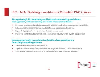 IFC + AXA: Building a world-class Canadian P&C insurer
Strong strategic fit: combining sophisticated underwriting and claims
management, while enhancing our multi-channel distribution
• Increased scale advantage bolsters our risk selection and claims management capabilities
• Enhanced commercial lines mid-market offering, presence and expertise
• Expanded geographic footprint in underrepresented areas
• Improved ability to outperform the P&C insurance industry’s ROE by 500 bps per year

Unique opportunity to combine two best-in-class operators in a
financially compelling manner
• Estimated internal rate of return of 20%
• Expected annual accretion to operating earnings per share of 15% in the mid-term
• Operational synergies in excess of $100 million (after-tax) expected annually




                                          18
 