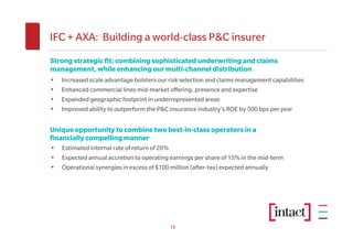 IFC + AXA: Building a world-class P&C insurer
Strong strategic fit: combining sophisticated underwriting and claims
management, while enhancing our multi-channel distribution
• Increased scale advantage bolsters our risk selection and claims management capabilities
• Enhanced commercial lines mid-market offering, presence and expertise
• Expanded geographic footprint in underrepresented areas
• Improved ability to outperform the P&C insurance industry’s ROE by 500 bps per year

Unique opportunity to combine two best-in-class operators in a
financially compelling manner
• Estimated internal rate of return of 20%
• Expected annual accretion to operating earnings per share of 15% in the mid-term
• Operational synergies in excess of $100 million (after-tax) expected annually




                                          16
 