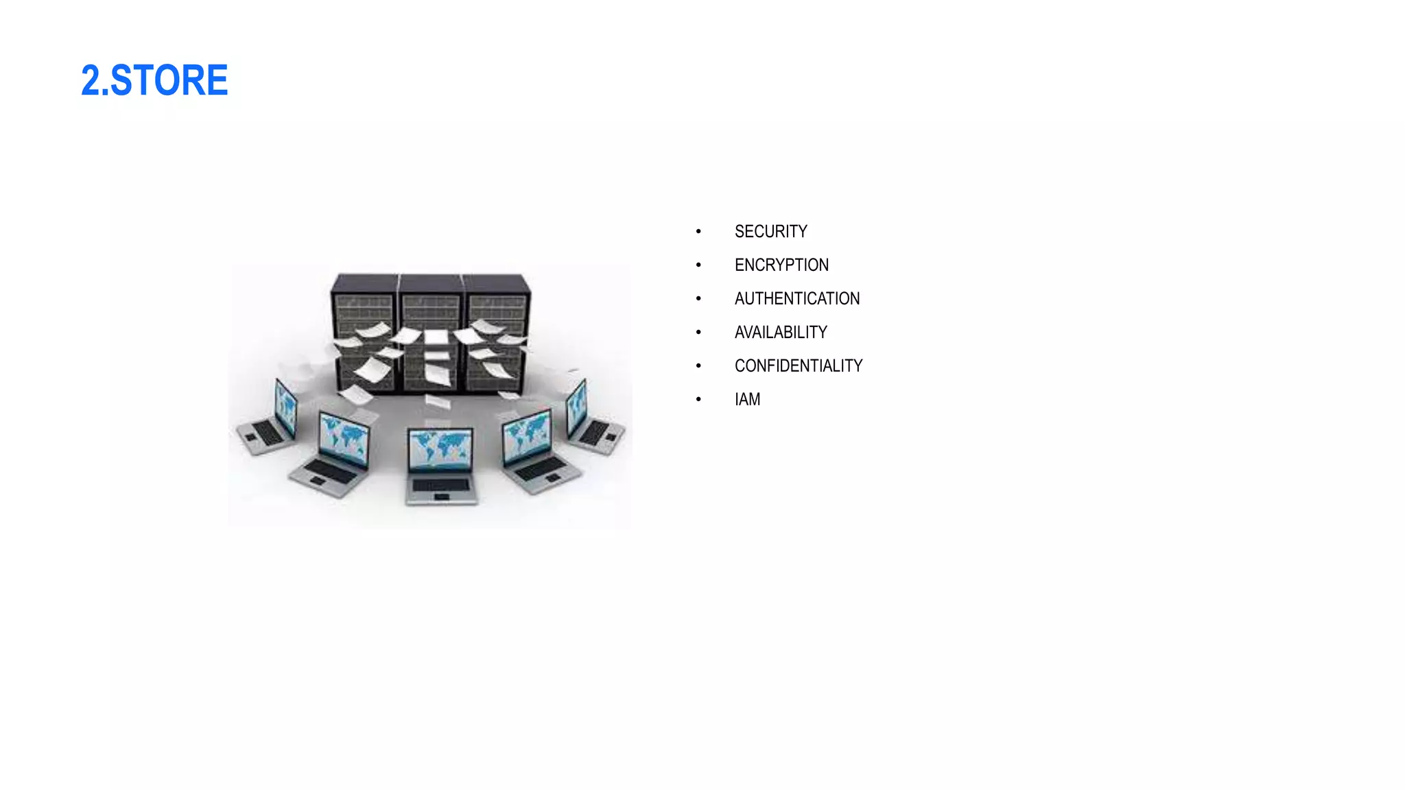 2.STORE
• SECURITY
• ENCRYPTION
• AUTHENTICATION
• AVAILABILITY
• CONFIDENTIALITY
• IAM
 