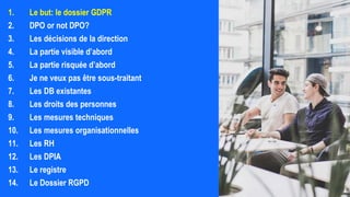 1. Le but: le dossier GDPR
2. DPO or not DPO?
3. Les décisions de la direction
4. La partie visible d’abord
5. La partie risquée d’abord
6. Je ne veux pas être sous-traitant
7. Les DB existantes
8. Les droits des personnes
9. Les mesures techniques
10. Les mesures organisationnelles
11. Les RH
12. Les DPIA
13. Le registre
14. Le Dossier RGPD
 