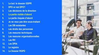 1. Le but: le dossier GDPR
2. DPO or not DPO?
3. Les décisions de la direction
4. La partie visible d’abord
5. La partie risquée d’abord
6. Je ne veux pas être sous-traitant
7. Les DB existantes
8. Les droits des personnes
9. Les mesures techniques
10. Les mesures organisationnelles
11. Les RH
12. Les DPIA
13. Le registre
14. Le Dossier RGPD
 