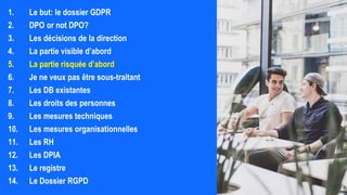 1. Le but: le dossier GDPR
2. DPO or not DPO?
3. Les décisions de la direction
4. La partie visible d’abord
5. La partie risquée d’abord
6. Je ne veux pas être sous-traitant
7. Les DB existantes
8. Les droits des personnes
9. Les mesures techniques
10. Les mesures organisationnelles
11. Les RH
12. Les DPIA
13. Le registre
14. Le Dossier RGPD
 