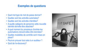 8 3
Exemples de questions
• Quel mot type de mot de passe donner?
• Quelles sont les activités autorisées?
• Quelles sont les activités interdites?
• A quelle catégorie de personne cette nouvelle
identité doit-elle être attachée?
• A quel moment du processus d’entrée les
autorisations doivent-elles être données?
• Quelles modalités de contrôle sont mises en
place?
• Peut-on prouver tout cela à un auditeur ?
• Quid de l’e-discovery?
 