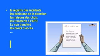• le registre des incidents
les décisions de la direction
les raisons des choix
les transferts à l’APD
Le non transfert
les droits d’accès
…
 