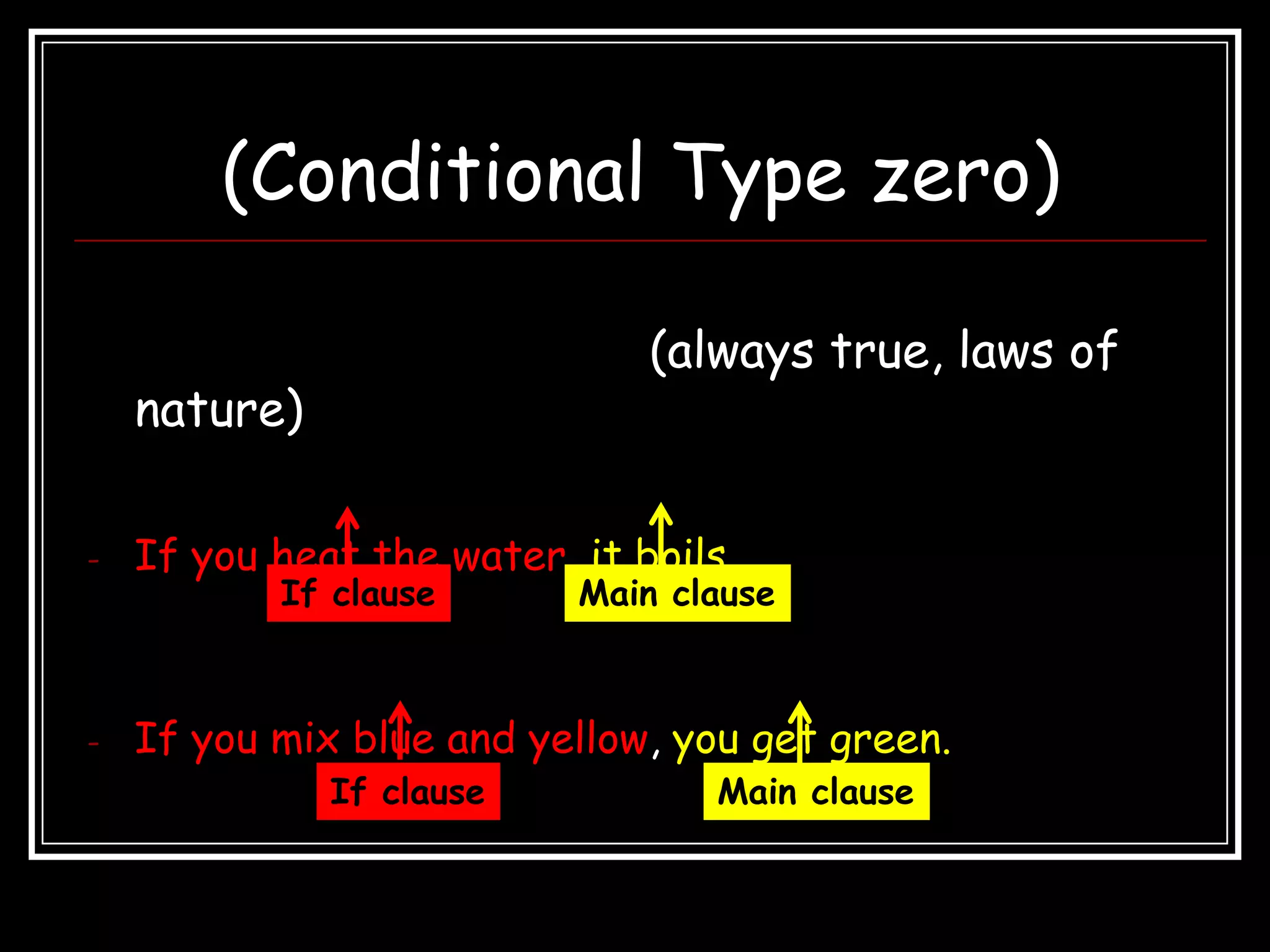 (Conditional Type zero)

                               (always true, laws of
    nature)

-   If you heat the water, it boils.
           If clause       Main clause



-   If you mix blue and yellow, you get green.
              If clause           Main clause
 
