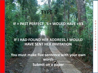 N
U
R
U
L
H
U
D
A
Y
A
H
S
2
0
1
2
1
2
5
0
1
2
6
6
TYPE 3
IF + PAST PERFECT , S + WOULD HAVE +V3
IF I HAD FOUND HER ADDRESS, I WOULD
HAVE SENT HER INVITATION
You must make five sentence with your own
words
Submit on a paper
 