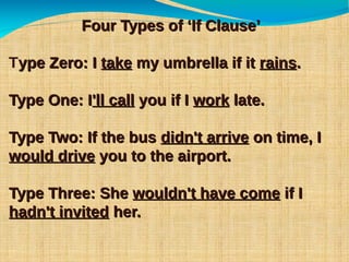 Four Types of ‘If Clause’Four Types of ‘If Clause’
Type Zero: Iype Zero: I taketake my umbrella if itmy umbrella if it rainsrains..
Type One: IType One: I'll call'll call you if Iyou if I workwork late.late.
Type Two: If the busType Two: If the bus didn't arrivedidn't arrive on time, Ion time, I
would drivewould drive you to the airport.you to the airport.
Type Three: SheType Three: She wouldn't have comewouldn't have come if Iif I
hadn't invitedhadn't invited her.her.
 