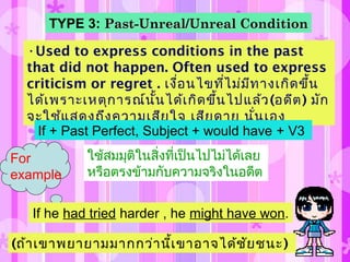 TYPE 3: PPastast-Unreal-Unreal//Unreal ConditionUnreal Condition
•Used to express conditions in the past
that did not happen. Often used to express
criticism or regret . เงื่อนไขที่ไม่มีทางเกิดขึ้น
ได้เพราะเหตุการณ์นั้นได้เกิดขึ้นไปแล้ว(อดีต) มัก
จะใช้แสดงถึงความเสียใจ เสียดาย นั่นเอง
If + Past Perfect, Subject + would have + V3
ใช้สมมุติในสิ่งที่เป็นไปไม่ได้เลย
หรือตรงข้ามกับความจริงในอดีต
For
example
If he had tried harder , he might have won.
(ถ้าเขาพยายามมากกว่านี้เขาอาจได้ชัยชนะ)
 
