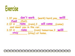 1.If you ____________ (work) hard,you_______
_______(fail).
2.If it ________(rain),I ___________(come)
and meet you in the car.
3.If it ___________ (rain) tomorrow,I _______
___________ (stay) at home.
 