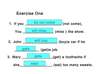 Exercise One
1. If you ___________________ (not come),
You ________________ (miss ) the show.
do not come
will miss
2. John __________________ (buy)a car if he
_____________ (get)a job.
will buy
gets
3. Mary ________________(get) a toothache if
she_________________ (eat) too many sweets.
gets
eats
 