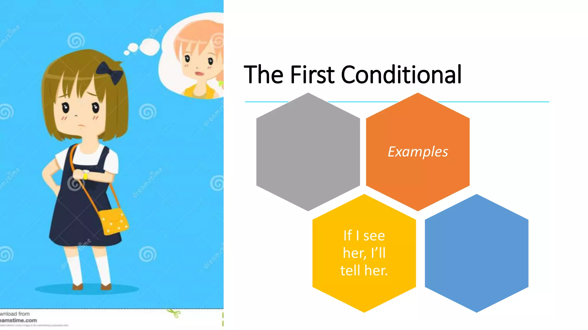 The First Conditional
Examples
If I see
her, I’ll
tell her.
 