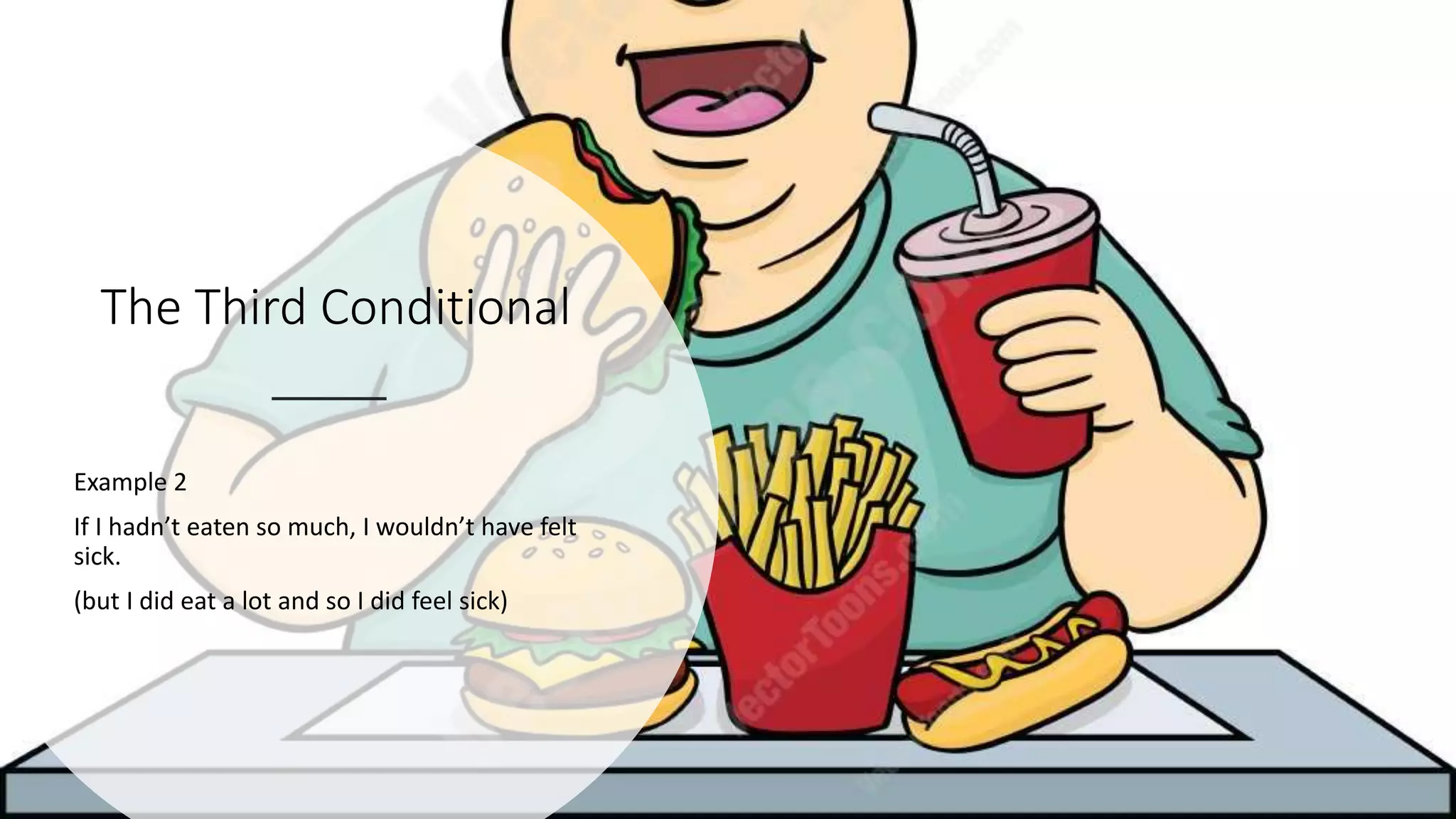 The Third Conditional
Example 2
If I hadn’t eaten so much, I wouldn’t have felt
sick.
(but I did eat a lot and so I did feel sick)
 