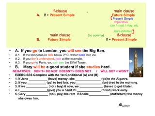 If-clause  ,   main clause   A.   If +  Present Simple   Future Simple   Present Simple   Imperative   can / must / may, etc    +    bare infinitive   main clause  (no comma)   if-clause     B.   Future Simple  If +  Present Simple   A.  If you  go  to London, you  will see  the Big Ben. A.1.   If the temperature  falls  below 0º C, water  turns  into ice. A.2.  If you  don’t understand ,  look  at the example. A.3.  If you  go  to Paris, you  can see  the Eiffel Tower. B.  Mary  will be  a good student if she  studies  hard. NEGATIVES:  DON’T= DO NOT  DOESN’T= DOES NOT  /  WILL NOT = WON’T EXERCISES Complete with the 1st Conditional (A) and (B) 1. If Jane ___________ (have) money, she _______________ (go)to the Algarve. 2. If you ___________ (go) to bed late, you _______________ (be) tired in the morning. 3. If we _____________ (not / buy) it now, we ______________ (have) to get it later. 4. I ________________(give) you a hand if I ______________ (finish) work early. 5. Gary _____________ (not / pay) his rent  if Sheila ____________ (not/return) the money   she owes him. © Luís68elt 