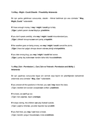 1.b May - Might - Could Olasılık / Possibility Anlamında
Bir işin yerine getirilmesi sonucunda, olasılık - ihtimal belirtmek için ana cümlede '' May,
Might, Could '' kullanılabilir.
If I have enough money, I may / might / could go to Italy.
( Eğer ) yeterli param olursa İtalya'ya gidebilirim.
If you don't speak carefully, she may / might / could misunderstand you.
( Eğer ) dikkatli konuşmazsan seni yanlış anlayabilir.
If the weather goes on being snowy, we may / might / could cancel the picnic.
( Eğer ) hava kar yağışlı olmaya devam ederse pikniği erteleyebiliriz.
If you take wrong drug, you may / might / could feel worse.
( Eğer ) yanlış ilaç kullanırsan kendini daha kötü hissedebilirsin.
1.c May ( İzin - Permission ) , Can ( İzin ve Yetenek - Permission and Ability )
Anlamında
Bir işin yapılması sonucunda kişiye izin vermek veya kişinin bir yeterliliğinden bahsetmek
anlamında ana cümlede '' May , Can '' kullanılabilir.
If you answer all the questions in the test, you can / may leave the class.
( Eğer ) testteki tüm soruları cevaplarsan sınıftan çıkabilirsin.
If it snows, we can't go out.
( Eğer ) kar yağarsa, dışarı çıkamayız.
If it stops raining, the children can play football outside.
( Eğer ) yağmur dinerse, çocuklar dışarıda top oynabilir.
If you feel tired, you may / can have a break.
( Eğer ) kendini yorgun hissedersen, mola verebilirsin.
 