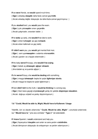 If we were friends, we would spend much time.
( Eğer ) arkadaş olsaydık daha fazla zaman geçirirdik.
( Ancak arkadaş değiliz dolayısıyla da daha fazla zaman geçirmiyoruz )
If you studied hard, you would pass the exam.
( Eğer ) çok çalıssaydın sınavı geçerdin.
( Ancak çalışmadın, sınavdan kaldın )
If he woke up early, she wouldn't be late to work.
( Eğer ) erken kalksaydı işe geç kalmazdı.
( Ancak erken kalkmadı ve geç kaldı)
If I didn't warn you, you would get married that man.
( Eğer ) seni uyarmasaydım o adamla evlenecektin.
( Ancak uyardım ve o kişiyle evlenmedin )
If the baby weren't hungry, she wouldn't be crying.
( Eğer ) bebek aç olmasaydı ağlıyor olmazdı.
( Ama bebek aç ve şuanda ağlıyor )
If she weren't busy, she would be dealing with something.
( Eğer ) meşgul olmasaydı başka bir şeyle ilgileniyor olurdu.
( Ancak meşgul ve başka bir şeyle ilgilenmiyor )
If Sam didn't tell me the truth, I would be thinking in a wrong way.
( Eğer ) Sam bana geçeği söylemeseydi yanlış bir şekilde düşünüyor olacaktım.
( Ancak doğruyu söyledi ve yanlış düşünmüyorum )
1.b '' Could, Would be able to, Might, Would have to Kullanımı / Usage
Yeterlilik, izin ve olasılık anlamında '' Could, Would be able, Might '', zorunluluk anlamında
ise '' Would have to '' yine ana cümlede '' Type 2 '' de kullanılabilir.
If I knew Spanish, I could understand and help you.
( Eğer ) İspanyolca bilseydim seni anlar ve sana yardım edebilirdim.
( Ancak bilmiyorum dolayısıyla da anlayamıyor ve yardım edemiyorum )
 
