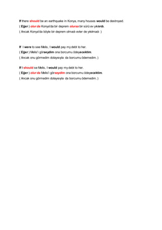 If there should be an earthquake in Konya, many houses would be destroyed.
( Eğer ) olur da Konya'da bir deprem olursa bir sürü ev yıkılırdı.
( Ancak Konya'da böyle bir deprem olmadı evler de yıkılmadı )
If I were to see Melis, I would pay my debt to her.
( Eğer ) Melis'i görseydim ona borcumu ödeyecektim.
( Ancak onu görmedim dolayısıyla da borcumu ödemedim. )
If I should se Melis, I would pay my debt to her.
( Eğer ) olur da Melis'i görseydim ona borcumu ödeyecektim.
( Ancak onu görmedim dolayısıyla da borcumu ödemedim. )
 