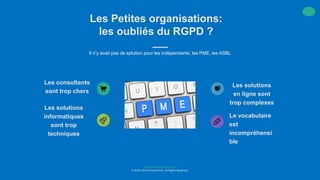 www.companyname.com
© 2016 Ultime PowerPoint. All Rights Reserved.
Il n’y avait pas de splution pour les indépendants, les PME, les ASBL
Les Petites organisations:
les oubliés du RGPD ?
Les consultants
sont trop chers
Les solutions
en ligne sont
trop complexes
Les solutions
informatiques
sont trop
techniques
Le vocabulaire
est
incompréhensi
ble
 