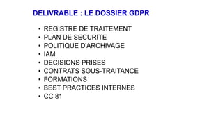 DELIVRABLE : LE DOSSIER GDPR
• REGISTRE DE TRAITEMENT
• PLAN DE SECURITE
• POLITIQUE D'ARCHIVAGE
• IAM
• DECISIONS PRISES
• CONTRATS SOUS-TRAITANCE
• FORMATIONS
• BEST PRACTICES INTERNES
• CC 81
 