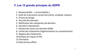 F. Les 12 grands principes du GDPR
61
1. Responsabilité - « accountability »
2. Droit de la personne concernée (client, employé, citoyen)
3. Privacy by design
4. Sécurité des données
5. Notification des vols/pertes de données
6. Sanctions importantes
7. Gestion des accès aux données (IAM)
8. Licéité des traitements (réglementation ou consentement)
9. Registre des traitements
10.Analyse de risques et PIA
11.Formation
12.Data privacy officer
 