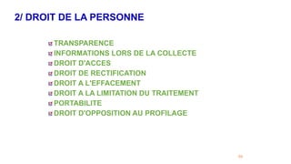 2/ DROIT DE LA PERSONNE
69
TRANSPARENCE
INFORMATIONS LORS DE LA COLLECTE
DROIT D'ACCES
DROIT DE RECTIFICATION
DROIT A L'EFFACEMENT
DROIT A LA LIMITATION DU TRAITEMENT
PORTABILITE
DROIT D'OPPOSITION AU PROFILAGE
 