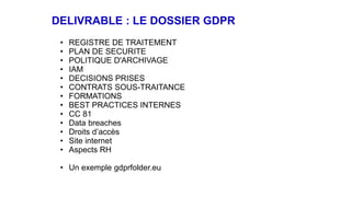 DELIVRABLE : LE DOSSIER GDPR
• REGISTRE DE TRAITEMENT
• PLAN DE SECURITE
• POLITIQUE D'ARCHIVAGE
• IAM
• DECISIONS PRISES
• CONTRATS SOUS-TRAITANCE
• FORMATIONS
• BEST PRACTICES INTERNES
• CC 81
• Data breaches
• Droits d’accès
• Site internet
• Aspects RH
• Un exemple gdprfolder.eu
 