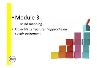 • Module	3		
	 	Mind	mapping	
•  Objec.fs	:	structurer	l’approche	du	
savoir	autrement	
 