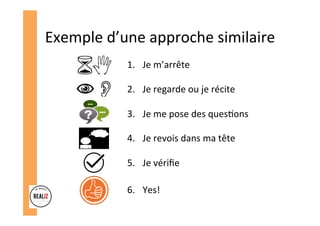 Exemple	d’une	approche	similaire	
1.  Je	m’arrête	
2.  Je	regarde	ou	je	récite	
3.  Je	me	pose	des	ques.ons	
4.  Je	revois	dans	ma	tête	
5.  Je	vériﬁe	
6.  Yes!	
 