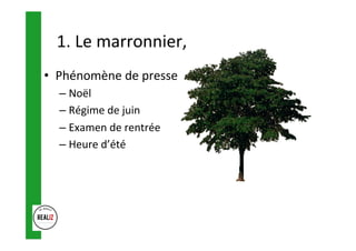 1.	Le	marronnier,		
•  Phénomène	de	presse	
– Noël		
– Régime	de	juin	
– Examen	de	rentrée	
– Heure	d’été	
 