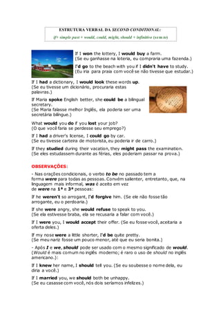ESTRUTURA VERBAL DA SECOND CONDITIONAL:
if+ simple past + would, could, might, should + infinitivo (sem to)
If I won the lottery, I would buy a farm.
(Se eu ganhasse na loteria, eu compraria uma fazenda.)
I'd go to the beach with you if I didn't have to study.
(Eu iria para praia com você se não tivesse que estudar.)
If I had a dictionary, I would look these words up.
(Se eu tivesse um dicionário, procuraria estas
palavras.)
If Maria spoke English better, she could be a bilingual
secretary.
(Se Maria falasse melhor Inglês, ela poderia ser uma
secretária bilíngue.)
What would you do if you lost your job?
(O que você faria se perdesse seu emprego?)
If I had a driver's license, I could go by car.
(Se eu tivesse carteira de motorista, eu poderia ir de carro.)
If they studied during their vacation, they might pass the examination.
(Se eles estudassem durante as férias, eles poderiam passar na prova.)
OBSERVAÇÕES:
- Nas orações condicionais, o verbo to be no passado tem a
forma were para todas as pessoas. Convém salienter, entretanto, que, na
linguagem mais informal, was é aceito em vez
de were na 1ª e 3ª pessoas:
If he weren't so arrogant, I'd forgive him. (Se ele não fosse tão
arrogante, eu o perdoaria.)
If she were angry, she would refuse to speak to you.
(Se ela estivesse braba, ela se recusaria a falar com você.)
If I were you, I would accept their offer. (Se eu fosse você, aceitaria a
oferta deles.)
If my nose were a little shorter, I'd be quite pretty.
(Se meu nariz fosse um pouco menor, até que eu seria bonita.)
- Após I e we, should pode ser usado com o mesmo significado de would.
(Would é mais comum no inglês moderno; é raro o uso de should no inglês
americano.):
If I knew her name, I should tell you. (Se eu soubesse o nome dela, eu
diria a você.)
If I married you, we should both be unhappy.
(Se eu casasse com você, nós dois seríamos infelizes.)
 