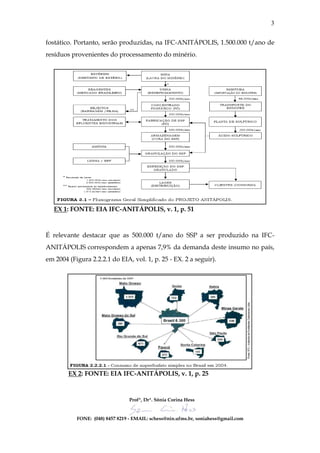 3


fostático. Portanto, serão produzidas, na IFC-ANITÁPOLIS, 1.500.000 t/ano de
resíduos provenientes do processamento do minério.




   EX 1: FONTE: EIA IFC-ANITÁPOLIS, v. 1, p. 51



É relevante destacar que as 500.000 t/ano do SSP a ser produzido na IFC-
ANITÁPOLIS correspondem a apenas 7,9% da demanda deste insumo no país,
em 2004 (Figura 2.2.2.1 do EIA, vol. 1, p. 25 - EX. 2 a seguir).




        EX 2: FONTE: EIA IFC-ANITÁPOLIS, v. 1, p. 25



                                 Profª, Drª. Sônia Corina Hess


           FONE: (048) 8457 8219 - EMAIL: schess@nin.ufms.br, soniahess@gmail.com
 