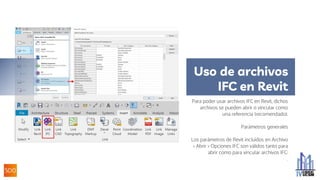 Uso de archivos
IFC en Revit
Para poder usar archivos IFC en Revit, dichos
archivos se pueden abrir o vincular como
una referencia (recomendado).
Parámetros generales
Los parámetros de Revit incluidos en Archivo
> Abrir > Opciones IFC son válidos tanto para
abrir como para vincular archivos IFC:
.
 