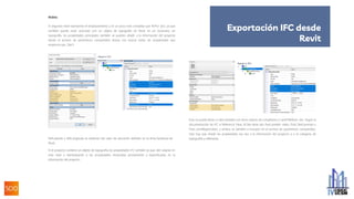 IfcSite
El segundo nivel representa el emplazamiento y es un poco más complejo que IfcPro- ject, ya que
también puede estar asociado con un objeto de topografía en Revit. En un escenario sin
topografía, las propiedades principales también se pueden añadir a la información del proyecto
desde el archivo de parámetros compartidos (basta con buscar todas las propiedades que
empiecen por „Site“):
RefLatitude y RefLongitude se obtienen del valor de ubicación definido en la ficha Gestionar de
Revit. .
Si el proyecto contiene un objeto de topografía, las propiedades IFC también se pue- den asignar en
este nivel y reemplazarán a las propiedades mostradas previamente y especificadas en la
información del proyecto.
Esto se puede llevar a cabo también con otros valores de LongName y LandTitleNum- ber. Según la
documentación de IFC 4 Reference View, IfcSite tiene dos Pset predefi- nidos, Pset_SiteCommon y
Pset_LandRegistration, y ambos se admiten e incluyen en el archivo de parámetros compartidos.
Solo hay que añadir las propiedades (ya sea a la información del proyecto o a la categoría de
topografía) y rellenarlas.
Exportación IFC desde
Revit
 