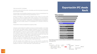 30
Todo lo que está entre <> se reemplaza:
<Pset Name>: nombre del Pset. No use Pset_ como prefijo, ya que esto está reservado exclusivamente
para los Pset de IFC estándar.
I[nstance]/T[ype]: sirve para especificar propiedades de instancia o de tipo. Esto está desfasado en las
versiones actuales, ya que la selección tiene lugar automáticamente. Use I o T.
<element list separated by ‘,’>: aquí es donde se muestran la clase o clases IFC a las que el Pset
en cuestión va a aplicarse, por ejemplo, IfcWall, IfcSlab o IfcColumn. Si el Pset debe aplicarse a
todos los elementos, use la siguiente entidad superior (IfcBuildingElement para incluir elementos
de edificio como muros, puertas, etc., o IfcElement para incluir también elementos de distribución o
ingeniería civil). Esto se puede consultar en la documentación de IFC buscando la herencia de
entidades.
<Property Name>: nombre de la propiedad tal cual aparece en Revit.
<Data type>: los tipos de datos de IFC admitidos se incluyen en el archivo de plantilla. Los más usados
son texto, entero, real, longitud, volumen y booleano. Actualmente hay 40 tipos de propiedades
IFC que pueden exportarse a IFC de Revit. No todos los tipos de propiedades en Revit se pueden
asignar directamente a un tipo de IFC, ya que IFC emplea un modo distinto de especificar algunas
de las unidades. Al asignar tipos de datos de Revit que no tienen una correspondencia directa
con el tipo de datos de IFC, se pueden asignar a un tipo primitivo, por ejemplo, real o entero. Esto
hará que el valor se exporte sin convertir usando unidades internas de Revit.
<[opt] Revit parameter name, if different from IFC> es un campo opcional y se puede pasar
por alto si el nombre de la propiedad de Revit también debe usarse con la propiedad IFC. Si la
propiedad IFC debe tener un nombre diferenciado, se puede especificar aquí.
<[opt] Revit parameter name, if different from IFC> es un campo opcional y se puede pasar
por alto si el nombre de la propiedad de Revit también debe usarse con la propiedad IFC. Si la
propiedad IFC debe tener un nombre diferenciado, se puede especificar aquí.
Nota: Todas las entradas se separan mediante una tabulación(<TAB>) y deben guardarse
en formato UTF-8.
Ejemplo:
Exportación IFC desde
Revit
 