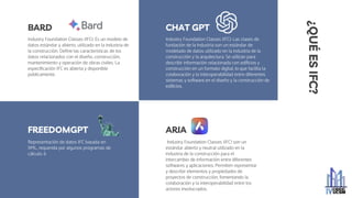 ¿QUÉ
ES
IFC?
Industry Foundation Classes (IFC): Es un modelo de
datos estándar y abierto, utilizado en la industria de
la construcción. Define las características de los
datos relacionados con el diseño, construcción,
mantenimiento y operación de obras civiles. La
especificación IFC es abierta y disponible
públicamente.
Industry Foundation Classes (IFC): Las clases de
fundación de la industria son un estándar de
modelado de datos utilizado en la industria de la
construcción y la arquitectura. Se utilizan para
describir información relacionada con edificios y
construcción en un formato digital, lo que facilita la
colaboración y la interoperabilidad entre diferentes
sistemas y software en el diseño y la construcción de
edificios.
Representación de datos IFC basada en
XML, requerida por algunos programas de
cálculo. 6
CHAT GPT
FREEDOMGPT
BARD
ARIA
Industry Foundation Classes (IFC) son un
estándar abierto y neutral utilizado en la
industria de la construcción para el
intercambio de información entre diferentes
softwares y aplicaciones. Permiten representar
y describir elementos y propiedades de
proyectos de construcción, fomentando la
colaboración y la interoperabilidad entre los
actores involucrados.
 