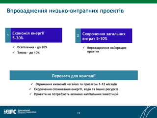 12
Впровадження низько-витратних проектів
Економія енергії
5-20%
1
 Освітлення – до 20%
 Тепло – до 10%
Скорочення загальних
витрат 5-10%
2
 Впровадження найкращих
практик
Переваги для компанії
 Отримання економії негайно та протягом 1-12 місяців
 Скорочення споживання енергії, води та інших ресурсів
 Проекти не потребують великих капітальних інвестицій
 