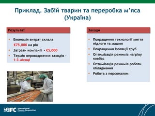 Приклад. Забій тварин та переробка м’яса
(Україна)
 Економія витрат склала
€75,000 на рік
 Затрати компанії - €5,000
 Термін впровадження заходів –
1-3 місяці
Результат
 Покращення технології миття
підлоги та машин
 Покращення ізоляції труб
 Оптимізація режимів нагріву
ковбас
 Оптимізація режимів роботи
обладнання
 Робота з персоналом
Заходи
 