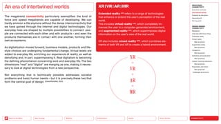 Silver Society
Health
Urbanization
Mobility
Neo-Ecology
Back to the Menu CONNECTIVITY
MEGATREND
CONNECTIVITY
Executive summary
Intertwined worlds
Powered by disruption
Generative AI
Turning point
DESIGN TRENDS
CONNECTIVITY
Metaverse
Interview with Victor Choe
Extended reality
Virtual reality
Best practices
Augmented reality
Best practices
Holograms
Best practices
Seamless personalization
Best practices
Human-machine interaction
Best practices
Playfulness and fiction
Best practices
Challenges  solutions
The megatrend connectivity particularly exemplifies the kind of
force and speed megatrends are capable of developing. We can
hardly envision a life anymore without the dense interconnectivity that
we have gained through the internet and digital technologies. Our
everyday lives are shaped by multiple possibilities to connect: peo-
ple are connected with each other and with products — and even the
products themselves are in contact with one another, forming their
own ecosystems.
As digitalization moves forward, business models, products and life-
style choices are undergoing fundamental change. Virtual levels are
added to everyday life, enriching our experience of reality, as well as
densifying and, in part, superimposing it. Real digitalism is becoming
the defining phenomenon concerning work and everyday life. The two
dimensions “real” and “digital” are merging as one, making it neces-
sary to look at digital technologies from a new perspective.
Not everything that is technically possible addresses societal
­
problems and basic human needs — but it is precisely these two that
form the central goal of design. (Zukunftsinstitut, 2021)
An era of intertwined worlds
XR
=
VR
+
AR
+
MR
XR|VR|AR|MR
Extended reality (XR) refers to a range of technologies
that enhance or extend the user’s perception of the real
world.
This includes virtual reality (VR), which completely im-
merses the user in a computer-generated environment,
and augmented reality (AR), which superimposes digital
information on the user’s view of the real world.
XR also includes mixed reality (MR), which combines ele-
ments of both VR and AR to create a hybrid environment.
 