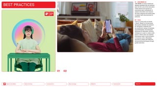 HEALTH
Urbanization
Mobility
Neo-Ecology
Connectivity
Silver Society
Back to the Menu
BEST PRACTICES
01 JINS MEME UX
JINS MEME is a smart healthcare
eyewear equipped with two sensors
built into the core of the nose piece.
These sensors are synced to a
smartphone app via Bluetooth to
analyze information and measure
the user’s physical and mental state,
to support self-care practices for
everyone.
02 Clare
Clare is a young start-up based
in Berlin. Based on the perceived
discrepancy between the demand
for therapeutic treatment and
the insufficient number of available
psycho­
therapists, the enterprise
developed an alternative. ­
Artificial
intelligence is used to ­
create a safe
space in which users can express
themselves freely. ­
Communication
is via phone calls or WhatsApp
and aims to impart self-reflection
and grounding techniques through
guided exercises.
0102
2023
 