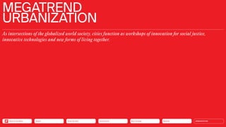 MEGATREND
URBANIZATION
As intersections of the globalized world society, cities function as workshops of innovation for social justice,
­
innovative technologies and new forms of living together.
URBANIZATION
Mobility
Neo-Ecology
Connectivity
Silver Society
Back to the Menu Health
 