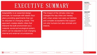 URBANIZATION
Mobility
Neo-Ecology
Connectivity
Silver Society
Back to the Menu Health
Adaptability is an essential design
principle, for example with elastic floor
plans providing apartments that can
be adjusted to changing needs. This
approach creates elastic cities that
interpret the built environment as a
material, social and ecological system,
which can be adjusted to suit changing
internal and external circumstances.
The impact of the climate crisis has
changed the way cities are viewed,
with urban areas now seen as habitats
and complex ecosystems that support
not only humans but also animals and
insects.
EXECUTIVE ­SUMMARY
MEGATREND
URBANIZATION
Executive summary
Power of cities
Rurbanization
15-minute city
Caring city
DESIGN TRENDS
URBANIZATION
Third places
Best practices
Elastic cities
Best practices
Pop-up designs
Best practices
Climate adaptation
Sponge cities
Urban mining
Best practices
Challenges  solutions
 