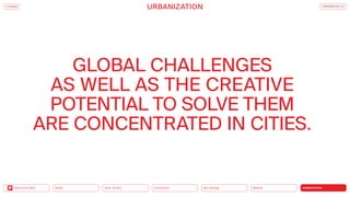 URBANIZATION
Mobility
Neo-Ecology
Connectivity
Silver Society
Back to the Menu Health
GLOBAL CHALLENGES
AS WELL AS THE CREATIVE
POTENTIAL TO SOLVE THEM
ARE CONCENTRATED IN CITIES.
iF DESIGN
URBANIZATION TRENDREPORT 2.0
 