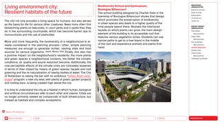 URBANIZATION
Mobility
Neo-Ecology
Connectivity
Silver Society
Back to the Menu Health
The city not only provides a living space for humans, but also serves
as the basis for life for various other creatures. Bees more often find
blossoming plants on balconies, in court yards and in parks than they
do in the surrounding countryside, which has become barren due to
monocultures and the use of pesticides.
More and more frequently, the biodiversity of a neighborhood is al-
ready considered in the planning process — often, simple planning
measures are enough to generate niches, nesting sites and food
sources for various organisms. (Hauck, Weisser, 2021) Finally, this also has
a positive impact on the neighborhood’s residents: the more plants
and green spaces a neighborhood contains, the better the climatic
conditions, air quality and sound reduction become. Additionally, the
now perceptible effects of the climate crisis are noticeably lessened
in terms of their impact by means of green spaces, façade and roof
greening and the re-naturalization of nearby bodies of water. The City
of Rotterdam is raising the bar with its ambitious “Urban Roof Land-
scape” program: a new city level, with plenty of green, garden projects
and rooftop bars, is being created high above the city.
It is time to understand the city as a habitat in which human, biological
and artificial circumstances refer to each other and coexist. Cities are
no longer primarily viewed as compounds of built infrastructure, but
instead as habitats and complex ecosystems.
Living environment city:
Resilient habitats of the future
Biodiversity School and Gymnasium,
Boulogne Billancourt
The school building designed by Chartier Dalix in the
township of Boulogne Billancourt shows that design
which promotes the preservation of biodiversity
in urban spaces also leads to a higher quality of the
time people spend there. Besides the interlaced
façade on which plants can grow, the main design
element of the building is its accessible roof that
features various vegetation zones. Students can use
narrow paths to get to a tree island in the middle
of the roof and experience animals and plants first-
hand.
Back to “15-minute city”
MEGATREND
URBANIZATION
Executive summary
Power of cities
Rurbanization
15-minute city
Caring city
DESIGN TRENDS
URBANIZATION
Third places
Best practices
Elastic cities
Best practices
Pop-up designs
Best practices
Climate adaptation
Sponge cities
Urban mining
Best practices
Challenges  solutions
 